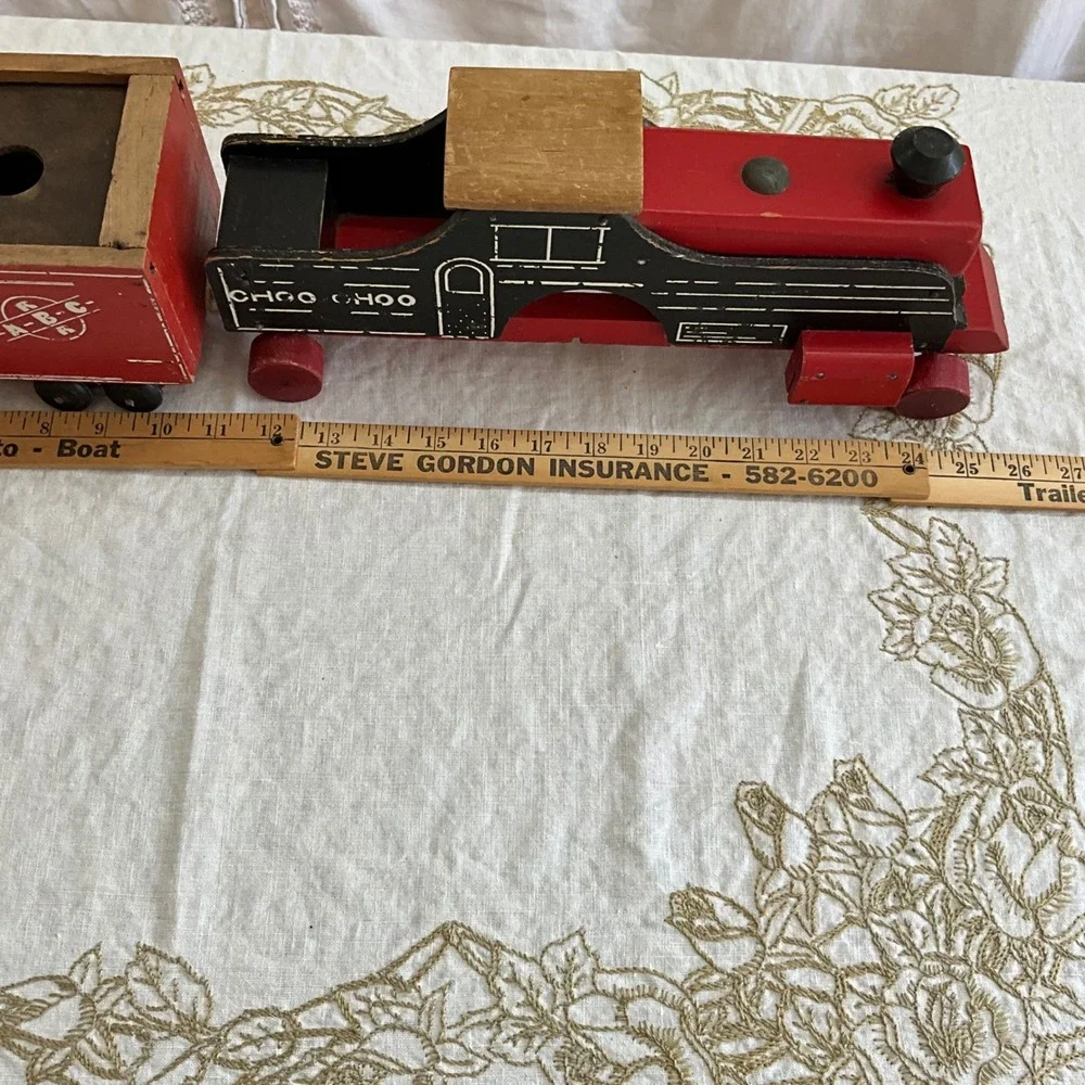 Vintage Wooden Toy Train‎ Set Choo-Choo Engine and ABC Blocks Beads Boxcar 50's